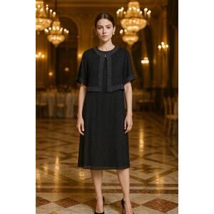 Brilliante by J.A. Womens 3X Silk Beaded Midi Dress Black NYE Evening Formal